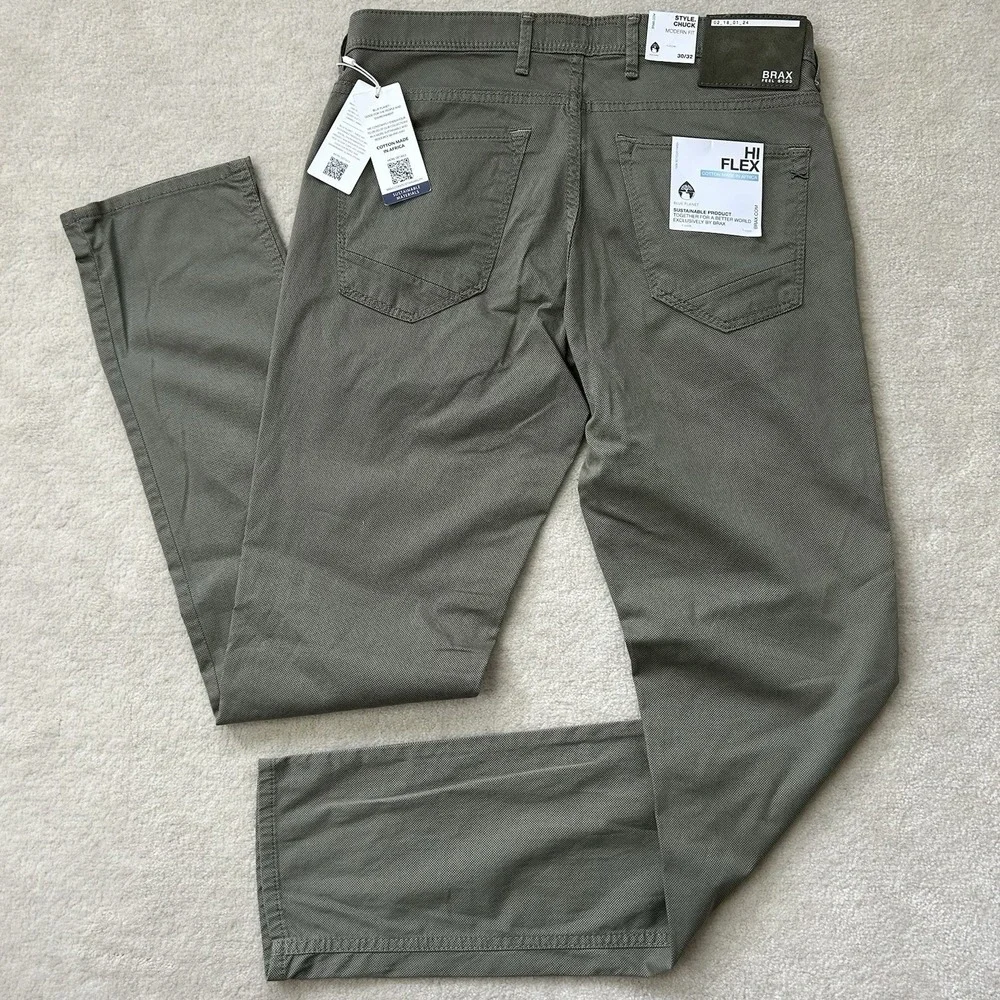 Brax Feel Good Men's 30x32 Modern Fit Chuck Hi Flex Cotton Pants Green